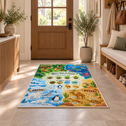 animal habitat matching activity rug displayed in a entryway beside a wooden door