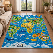 blue animal geography map rug displayed in a sunlit lounge beside a sofa