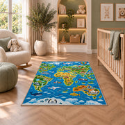 blue animal geography map rug displayed in a nursery beside an upholstered chair