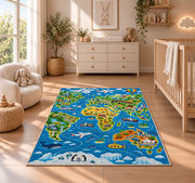 blue animal geography map rug displayed in a nursery beside a crib