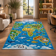 blue animal geography map rug displayed in a lounge with wooden shelves
