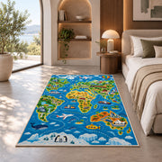 blue animal geography map rug displayed in a bedroom in sunlight