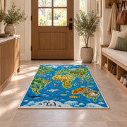 blue animal geography map rug displayed in a entryway beside a wooden door