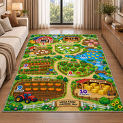 farm learning adventure map rug displayed in a sunlit lounge beside a sofa