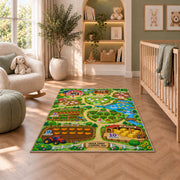 farm learning adventure map rug displayed in a nursery beside an upholstered chair