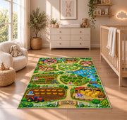 farm learning adventure map rug displayed in a nursery beside a crib
