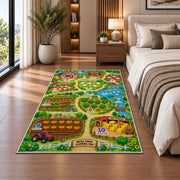 farm learning adventure map rug displayed in a bedroom beside the bed