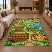 farm learning adventure map rug displayed in a living room with a fireplace