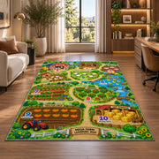 farm learning adventure map rug displayed in a lounge with wooden shelves