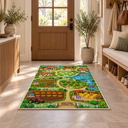 farm learning adventure map rug displayed in a entryway beside a wooden door