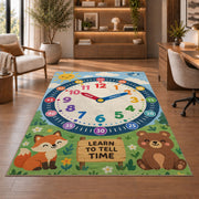 fox and bear learning clock rug displayed in a living room with wooden shelves