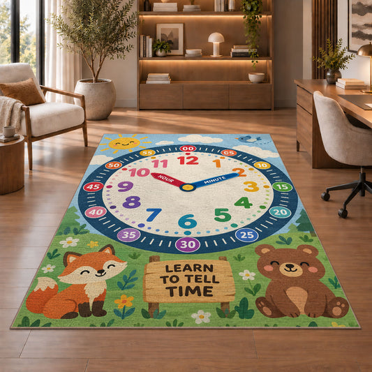 fox and bear learning clock rug displayed in a living room with wooden shelves
