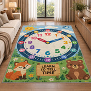 fox and bear learning clock rug displayed in a sunlit lounge beside a sofa