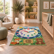 fox and bear learning clock rug displayed in a nursery beside an upholstered chair