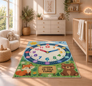 fox and bear learning clock rug displayed in a nursery beside a crib