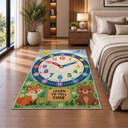 fox and bear learning clock rug displayed in a bedroom beside the bed