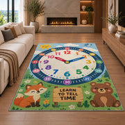 fox and bear learning clock rug displayed in a living room with a fireplace
