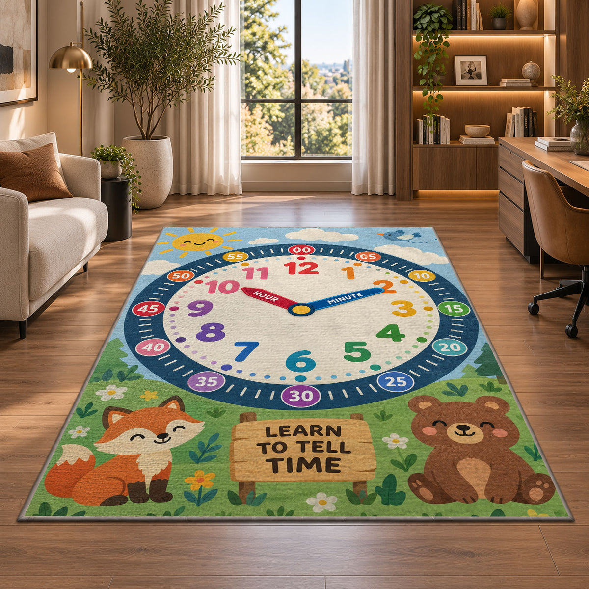 fox and bear learning clock rug displayed in a lounge with wooden shelves