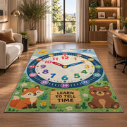 fox and bear learning clock rug displayed in a lounge with wooden shelves