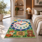 fox and bear learning clock rug displayed in a bedroom in sunlight