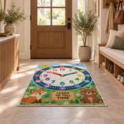 fox and bear learning clock rug displayed in a entryway beside a wooden door