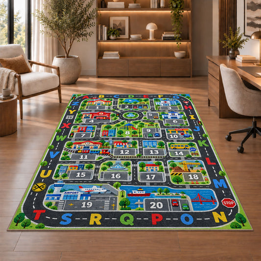 city roads alphabet numbers rug displayed in a living room with wooden shelves