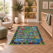 city roads alphabet numbers rug displayed in a nursery beside an upholstered chair
