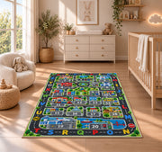 city roads alphabet numbers rug displayed in a nursery beside a crib