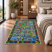 city roads alphabet numbers rug displayed in a bedroom beside the bed