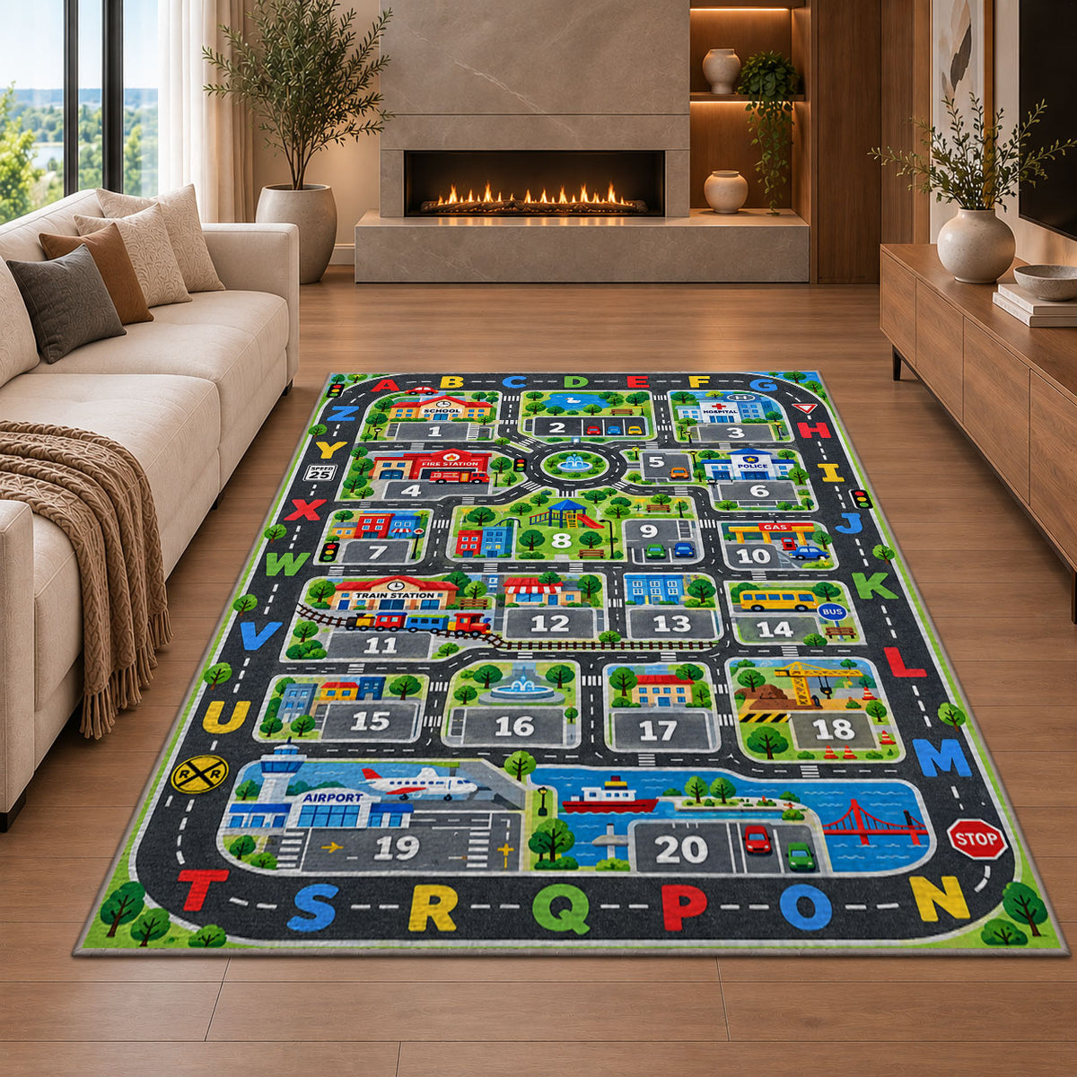city roads alphabet numbers rug displayed in a living room with a fireplace