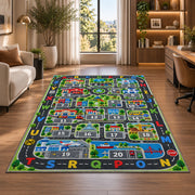 city roads alphabet numbers rug displayed in a lounge with wooden shelves