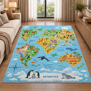 light blue wildlife world map rug displayed in a sunlit lounge beside a sofa
