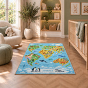 light blue wildlife world map rug displayed in a nursery beside an upholstered chair
