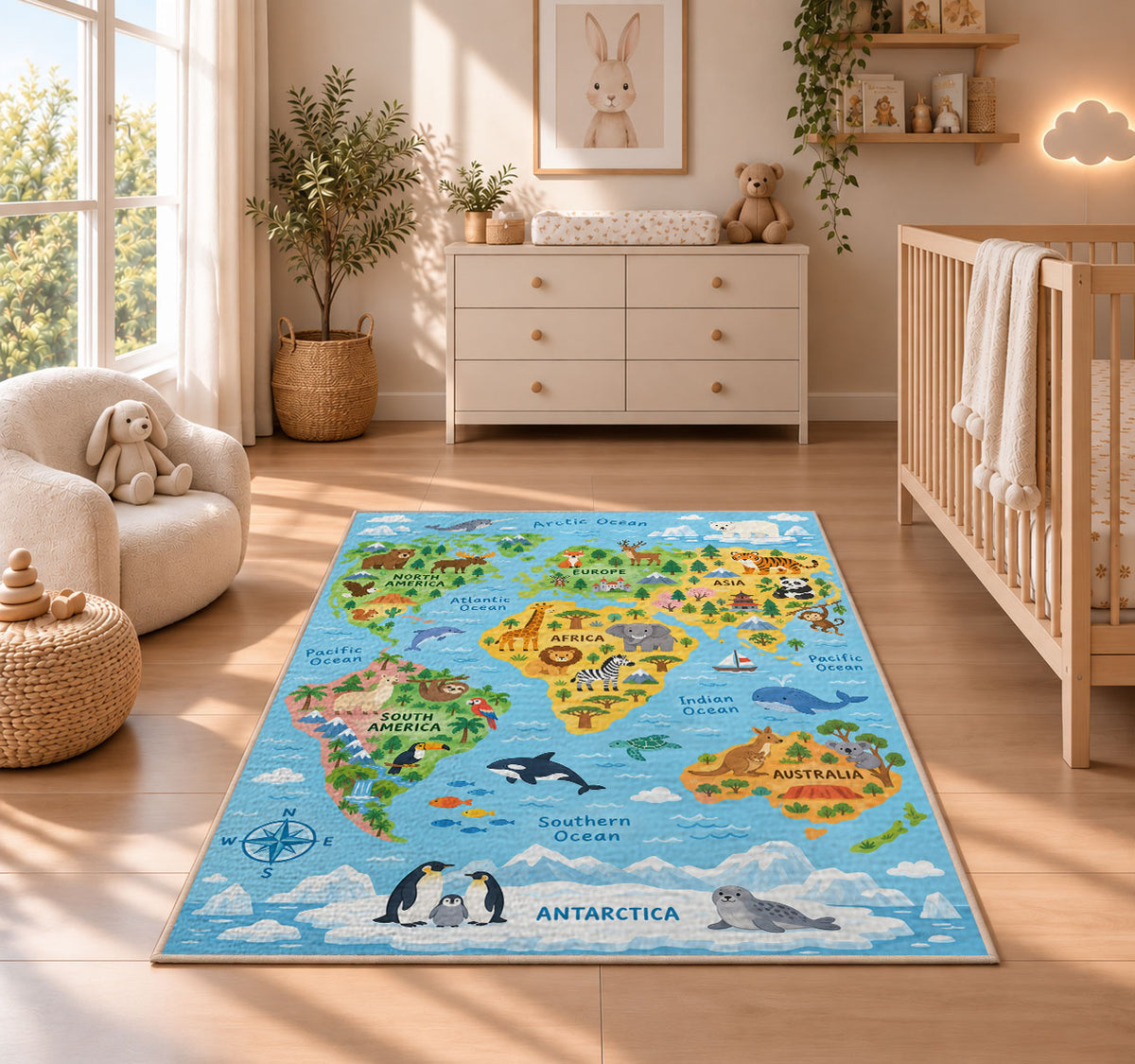 light blue wildlife world map rug displayed in a nursery beside a crib