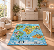 light blue wildlife world map rug displayed in a nursery beside a crib