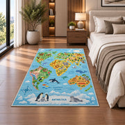 light blue wildlife world map rug displayed in a bedroom beside the bed