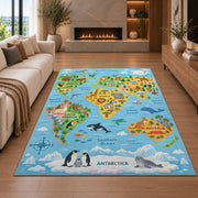 light blue wildlife world map rug displayed in a living room with a fireplace