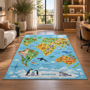 light blue wildlife world map rug displayed in a lounge with wooden shelves