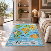 light blue wildlife world map rug displayed in a bedroom in sunlight