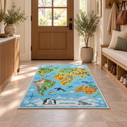 light blue wildlife world map rug displayed in a entryway beside a wooden door