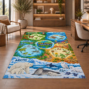 animal life cycles and habitat map rug displayed in a living room with wooden shelves