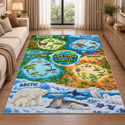 animal life cycles and habitat map rug displayed in a sunlit lounge beside a sofa