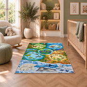 animal life cycles and habitat map rug displayed in a nursery beside an upholstered chair
