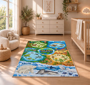animal life cycles and habitat map rug displayed in a nursery beside a crib