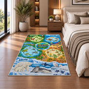 animal life cycles and habitat map rug displayed in a bedroom beside the bed