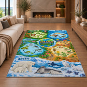 animal life cycles and habitat map rug displayed in a living room with a fireplace