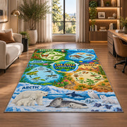 animal life cycles and habitat map rug displayed in a lounge with wooden shelves