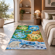 animal life cycles and habitat map rug displayed in a bedroom in sunlight