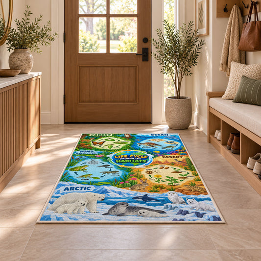 animal life cycles and habitat map rug displayed in a entryway beside a wooden door