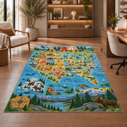 scenic usa wildlife map rug displayed in a living room with wooden shelves